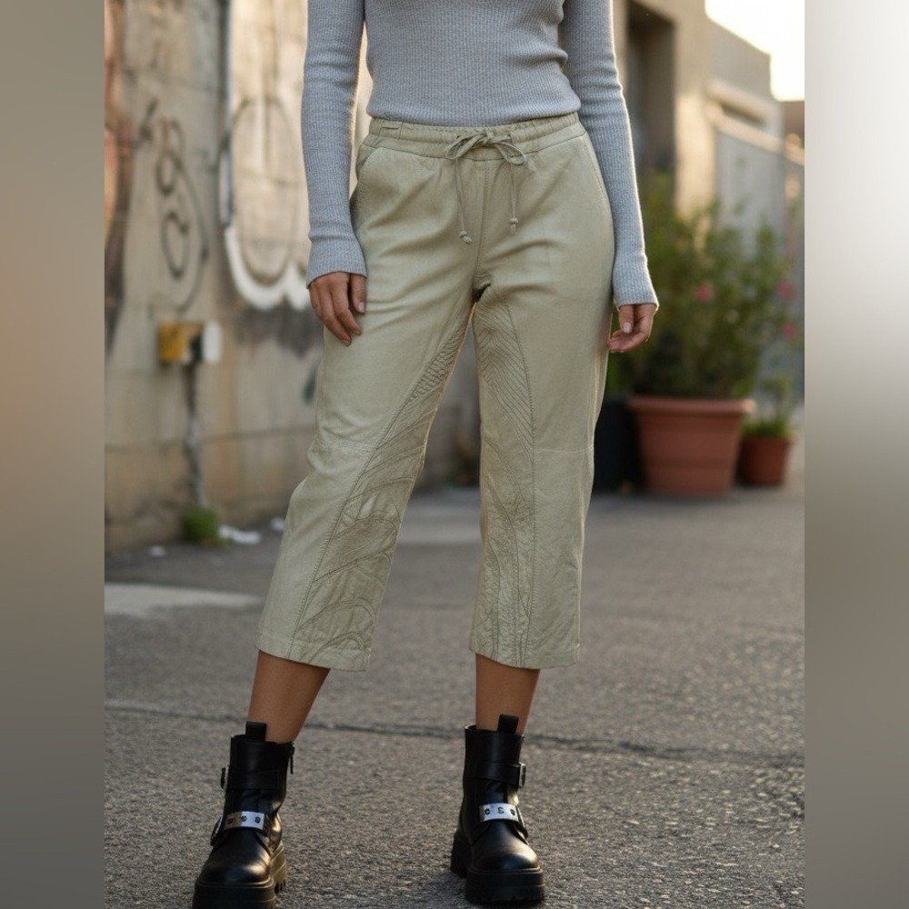Marni Light Green Leather Pelle Drawstring Pants